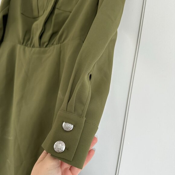 Veronica Beard A-line Shirt Dresss In Army Green Button Front Long Sleeves Front - Picture 4 of 7